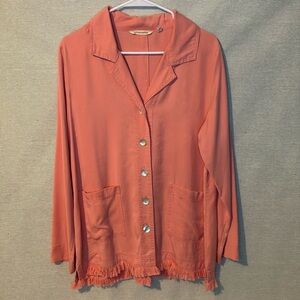 Soft Surroundings Womens Button‎ Down Shirt Large Coral Raw Hem Lyocell Pockets